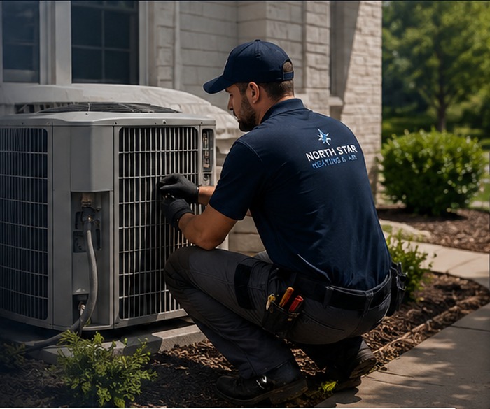 North Star HVAC technician servicing an outdoor air conditioning system